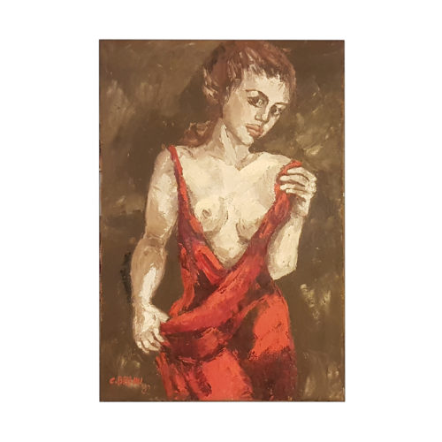 Donna in rosso che si veste