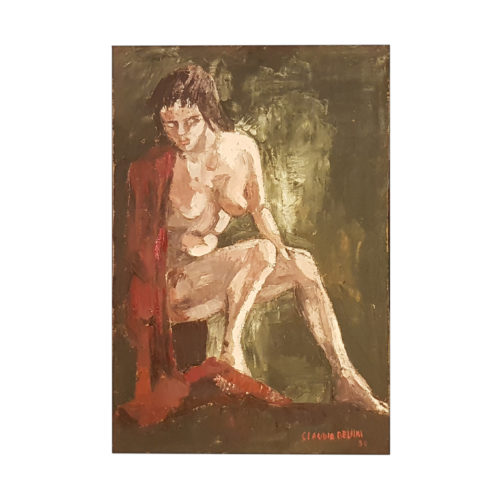 Donna in rosso su fondo verde