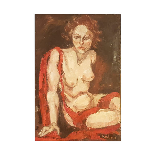 Donna in rosso seduta a terra