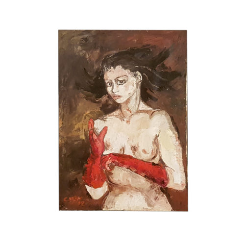 Donna in guanti rossi di velluto