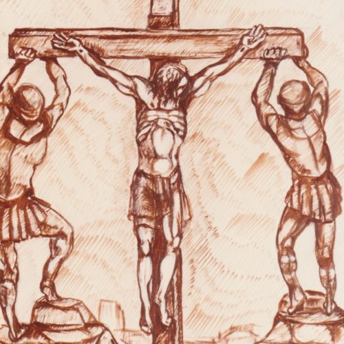 Cristo viene issato sulla croce dai soldati