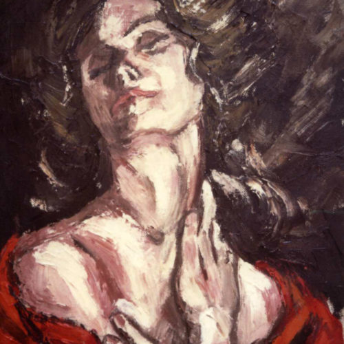 Donna in rosso con mano sul collo