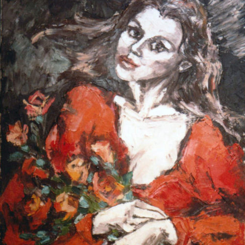 Donna in rosso con rose rosse