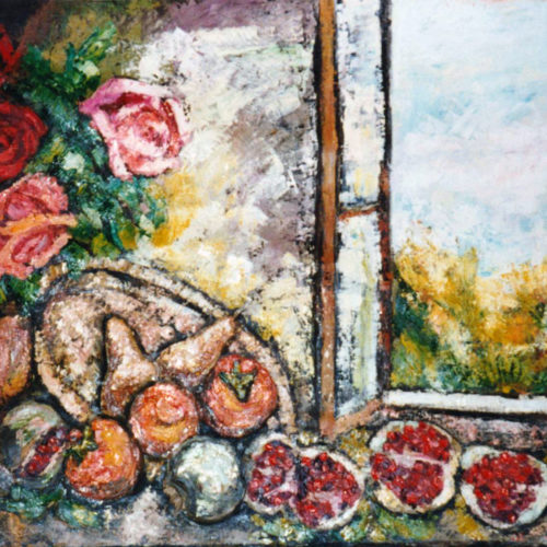 Fiori e frutta sul paesaggio